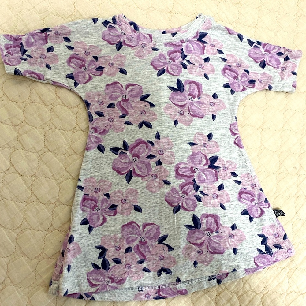 Von Bon Organic Children’s Apparel Grey Floral Bamboo Tunic T-Shirt Dress VGUC